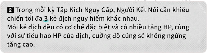 Trong mỗi kỳ Tập Kích Nguy Cấp, Người Kết Nối cần khiêu chiến tối đa 3 kẻ địch nguy hiểm khác nhau